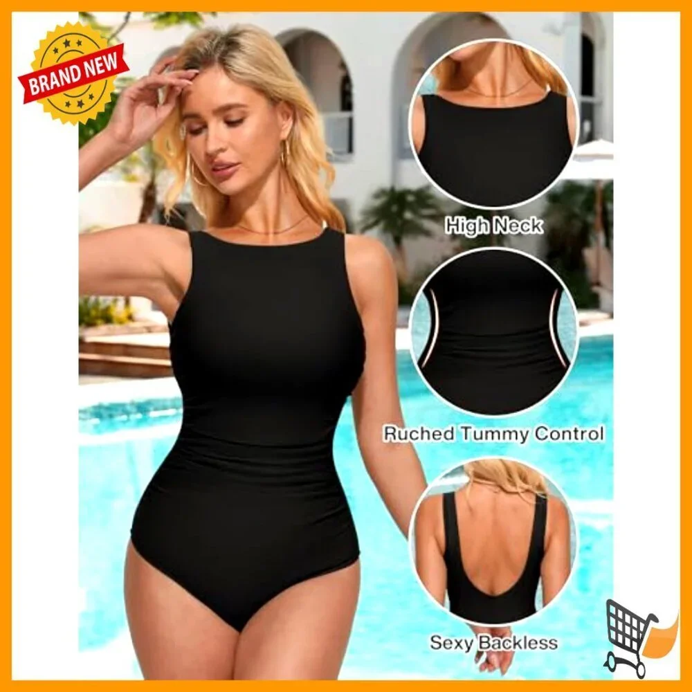 Ruched Tummy Control One Piece Swimsuit Backless High Neck Nylon Spandex